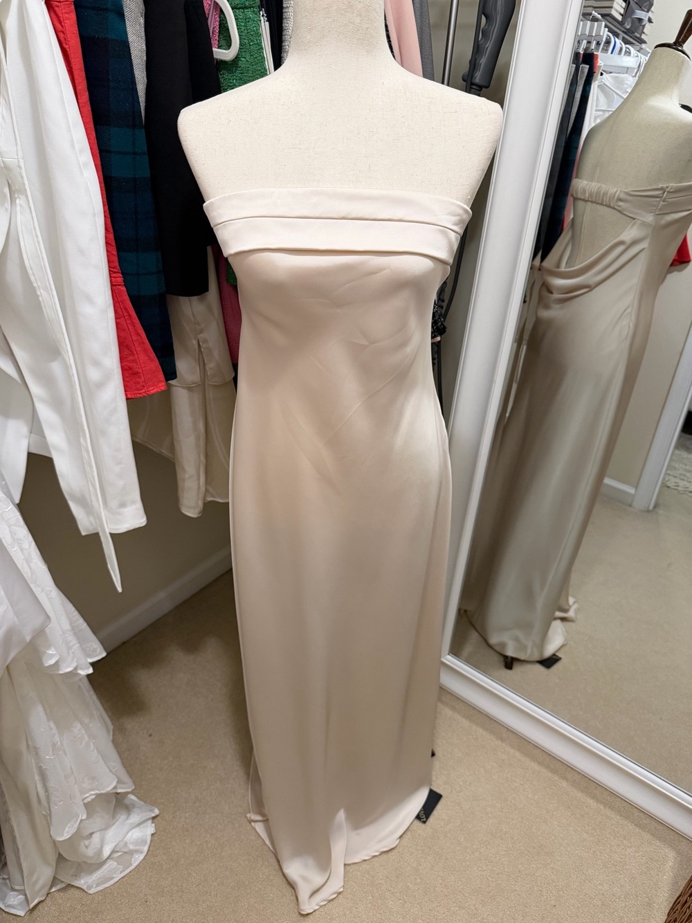 Love & Lemonade Champagne Satin Strapless Maxi Gown – Size Large
